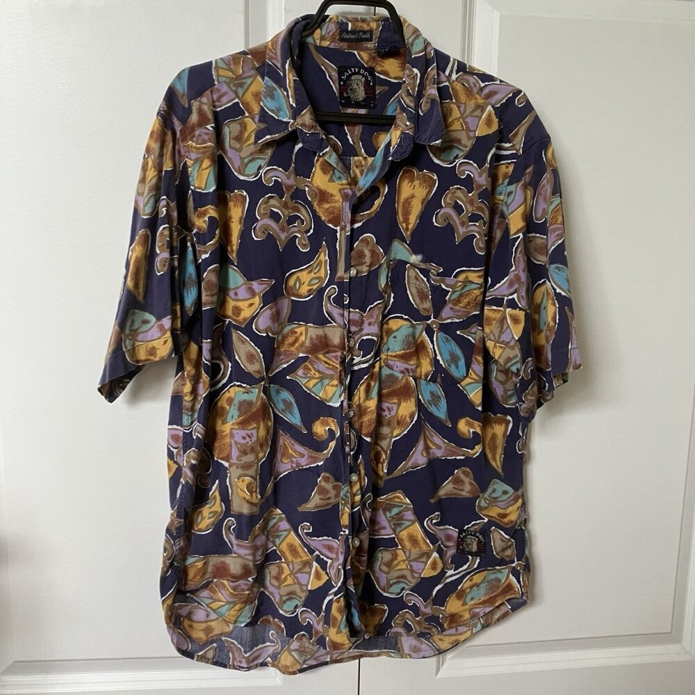 Vintage Gant Salty Dog Shirt Mens L Abstract Print Rayon Hawaiian Camp Button Up